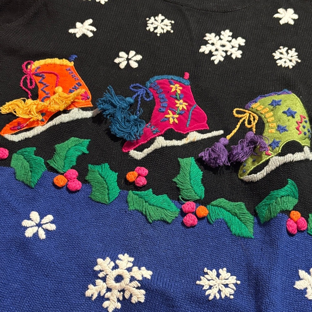 VTG Oversized Black Blue Sweater Colorful Skates Winter Holiday Ugly knit 90s M - Picture 2 of 8
